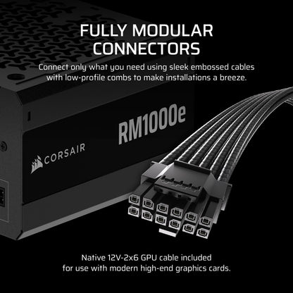 CORSAIR RM1000e (2025) Fully Modular Low-Noise ATX Power Supply with 12V-2x6 Cable – ATX 3.1 & PCIe 5.1 Compliant, Cybenetics Gold Efficiency, 105°C-Rated Capacitors, Modern Standby Mode – Black