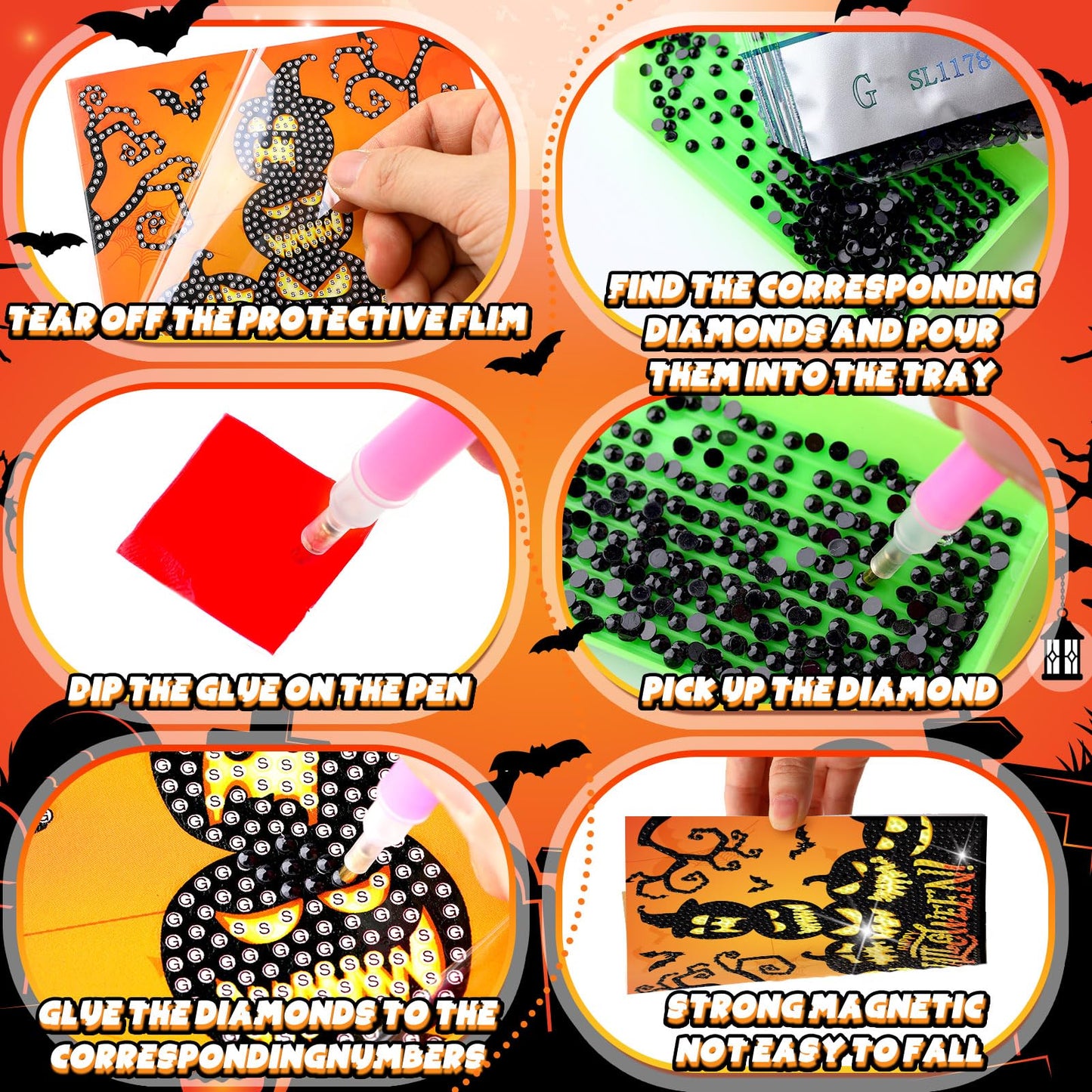 Saillong 12 Pack Halloween Diamond Painting Greeting Card Kits DIY Diamond Art Cards with Envelopes Bat Black Cat Pumpkin 5D Rhinestones Painting for Adults DIY Craft Family Friend Halloween Gifts