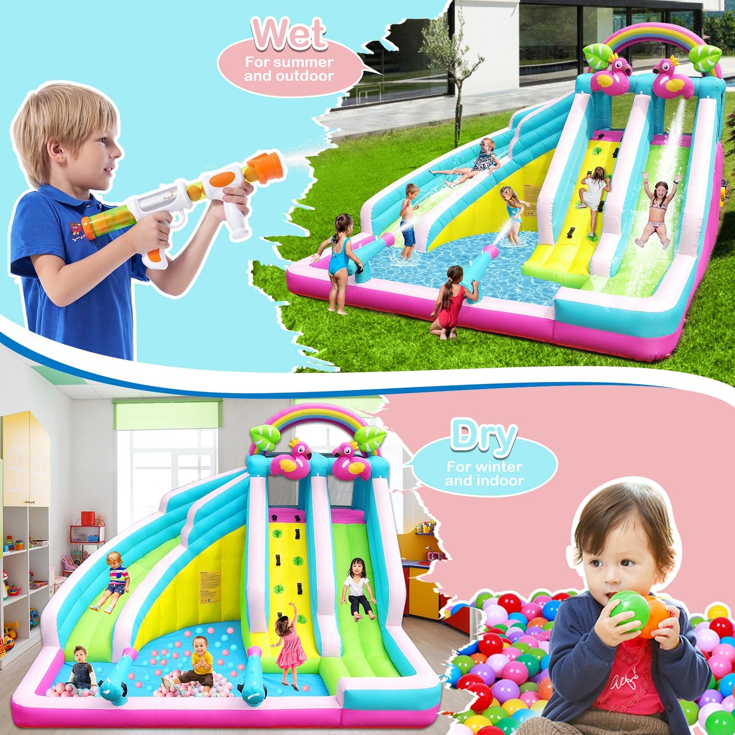 Inflatable Water Slide, 6 in 1 Blow Up Water Park Aged 3-10, Flamingo Style Water Bounce House with Double Long Slides, Splash Pool, 580W Blower Waterslide for Kids and Adults Backyard