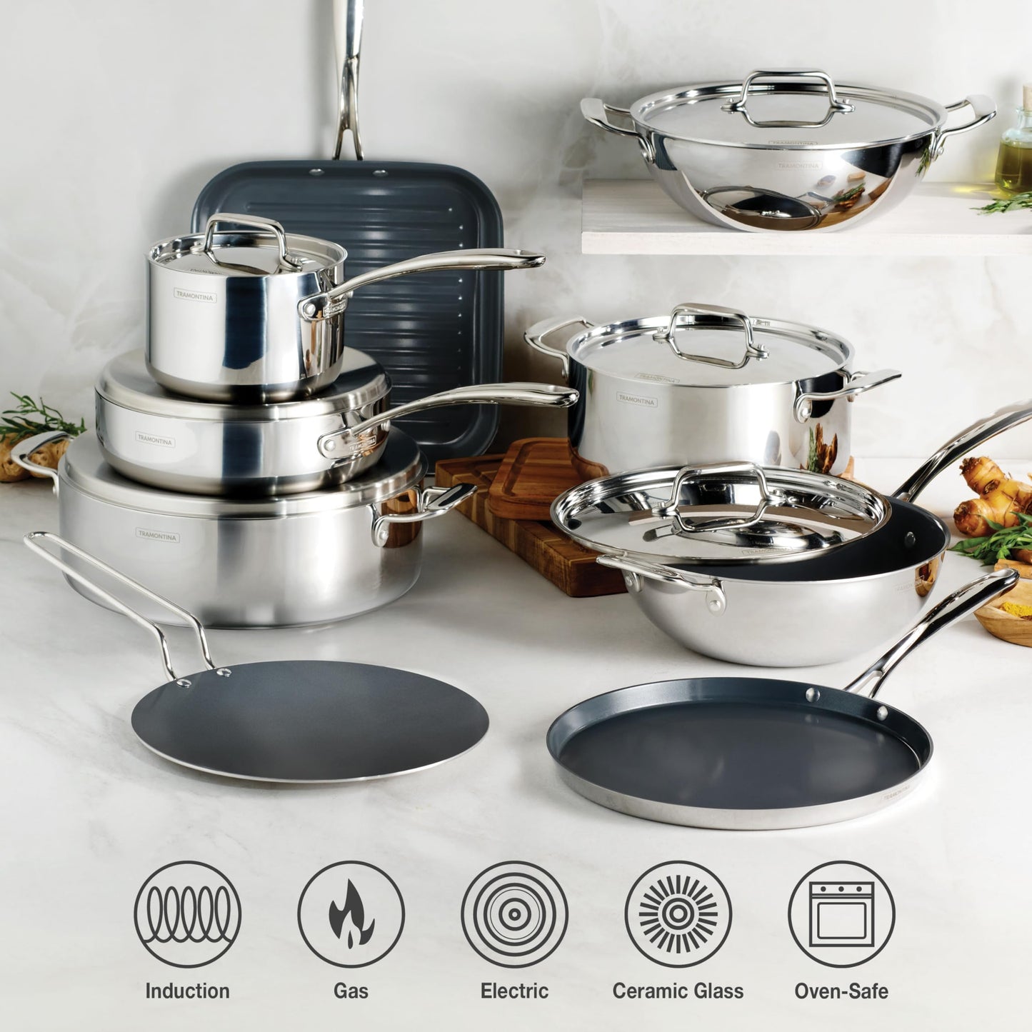 Tramontina Utsava Tri-Ply Clad Stainless Steel 3.75-Quart Wok with Lid and Ceramic Non Stick Interior, Induction-Ready Cooking Pan