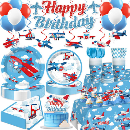 212 Pcs Airplane Birthday Party Decorations, Airplanes Party Banner Balloons Blue Sky and Red Paper Plates Napkins Set with 2 Pcs Airplane Table Cloth Airplane Flight Plane Themed Decorations