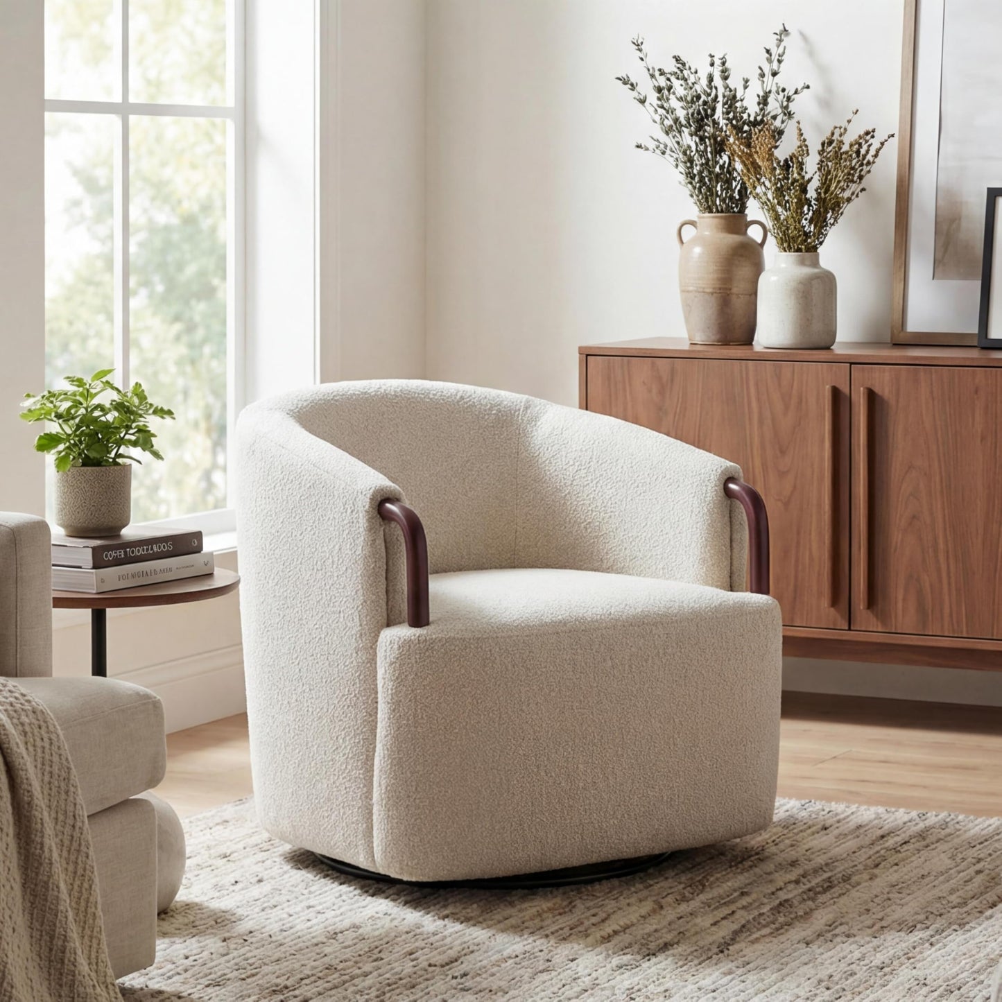 Christopher Knight Home Shiza Modern Swivel Chair with Solid Wood Base, Comfy Swivel Accent Chair with Curved Design, Soft Boucle Upholstered Lounge Sofa Chair for Living Room/Bedroom, Beige