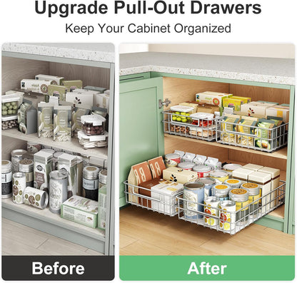 Pull Out Cabinet Organizer - Stainless Steel 2-Pack Slide-Out Drawers with Silent Full-Extension Slides | Versatile Spice Storage for Kitchen, Pantry, and Bathroom