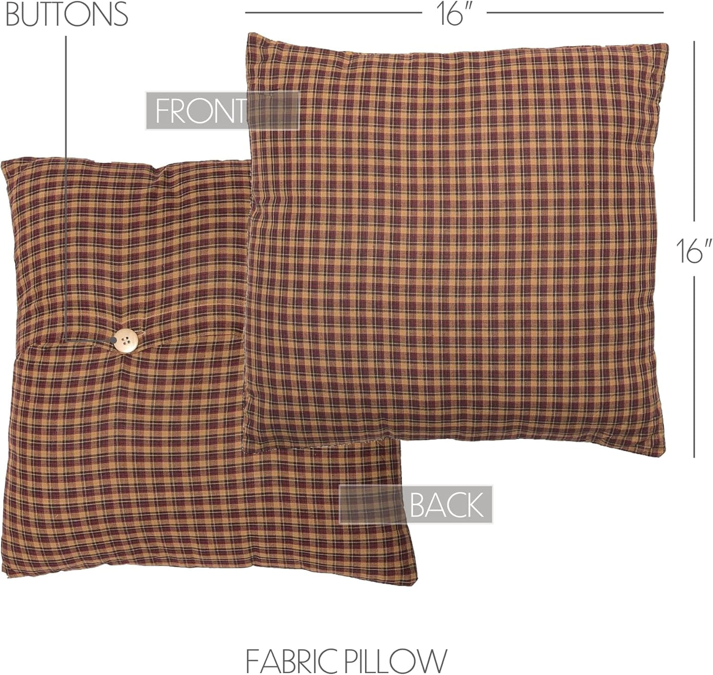 VHC Brands Patriotic Patch Plaid Cotton Bedding Square Pillow, 16x16 Filled, Deep Red, 1 Count