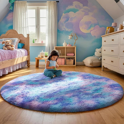 Ophanie Round Area Rug - 5Ft Tie-Dye Rainbow Purple | Fluffy Shaggy Carpet for Kids' Rooms & Nurseries