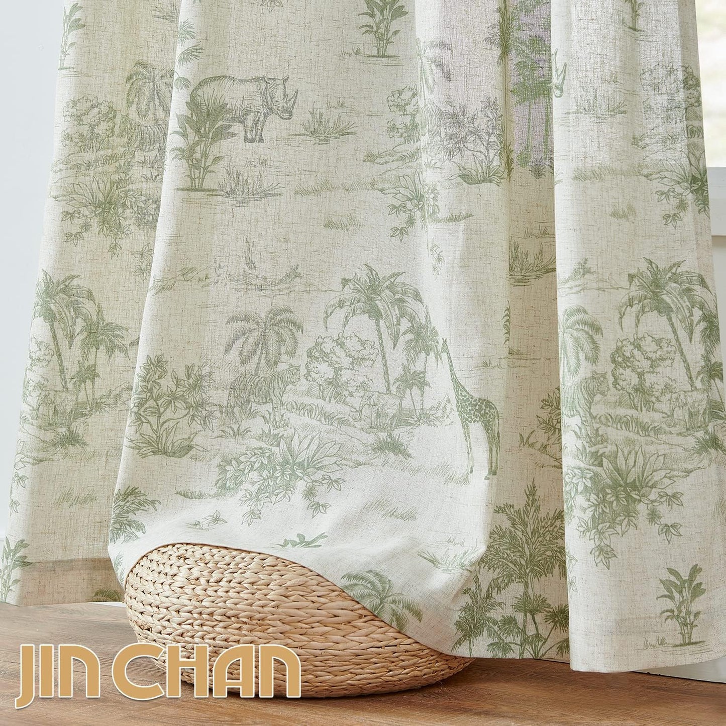 jinchan 63 Inches Country 2 Linen Toile Curtains Long for Living Room Toile de Jouy Floral Curtains French Farmhouse