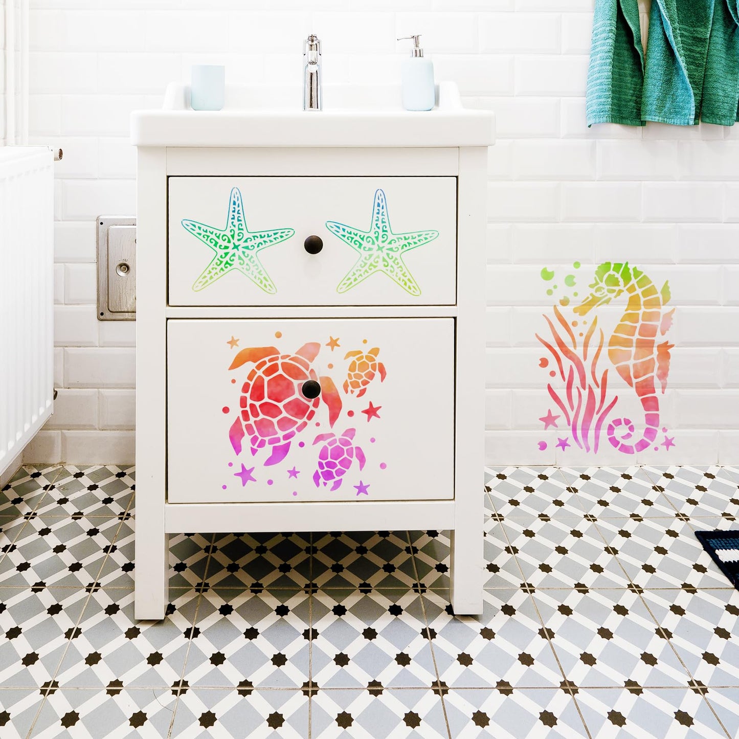 Ocean Stencils for Painting On Wood Turtle Seahorse Starfish Jellyfish Templates for Art Crafts Plastic Reusable Wood Burning Stencils for Wall Canvas (Sea)