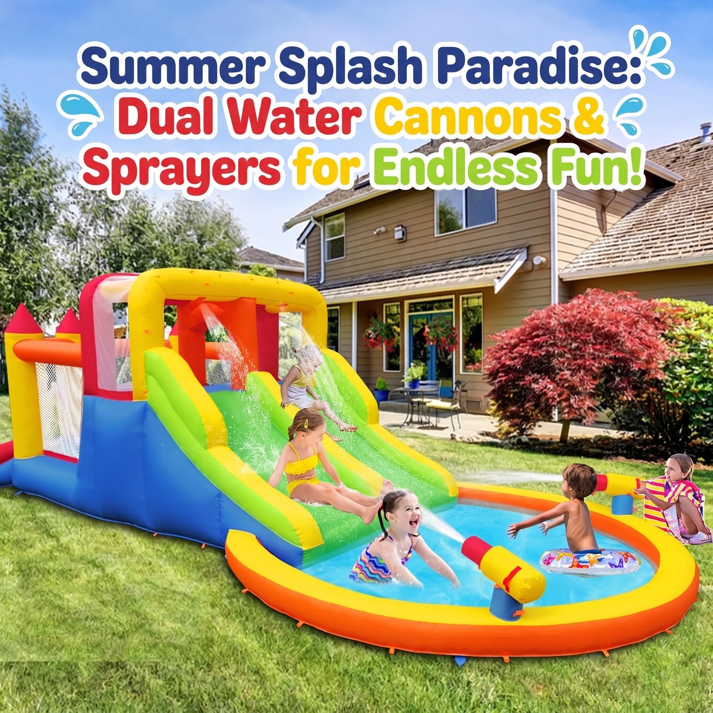 Umbalir InfIatable Bonuce House with 4 Slides & Large Splash Pool, Water Park with Ultra-Wide Climbing Wall, Jumping, Water Cannons & Surprise Water Sprayers for 3-10 yr Kids(20.6'Lx9.6'Wx6.4'H)