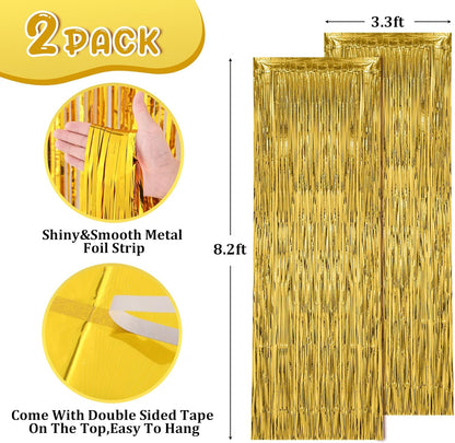 Voircoloria Gold Foil Fringe Backdrop Curtains - 2 Pack Tinsel Streamers for Parties & Celebrations