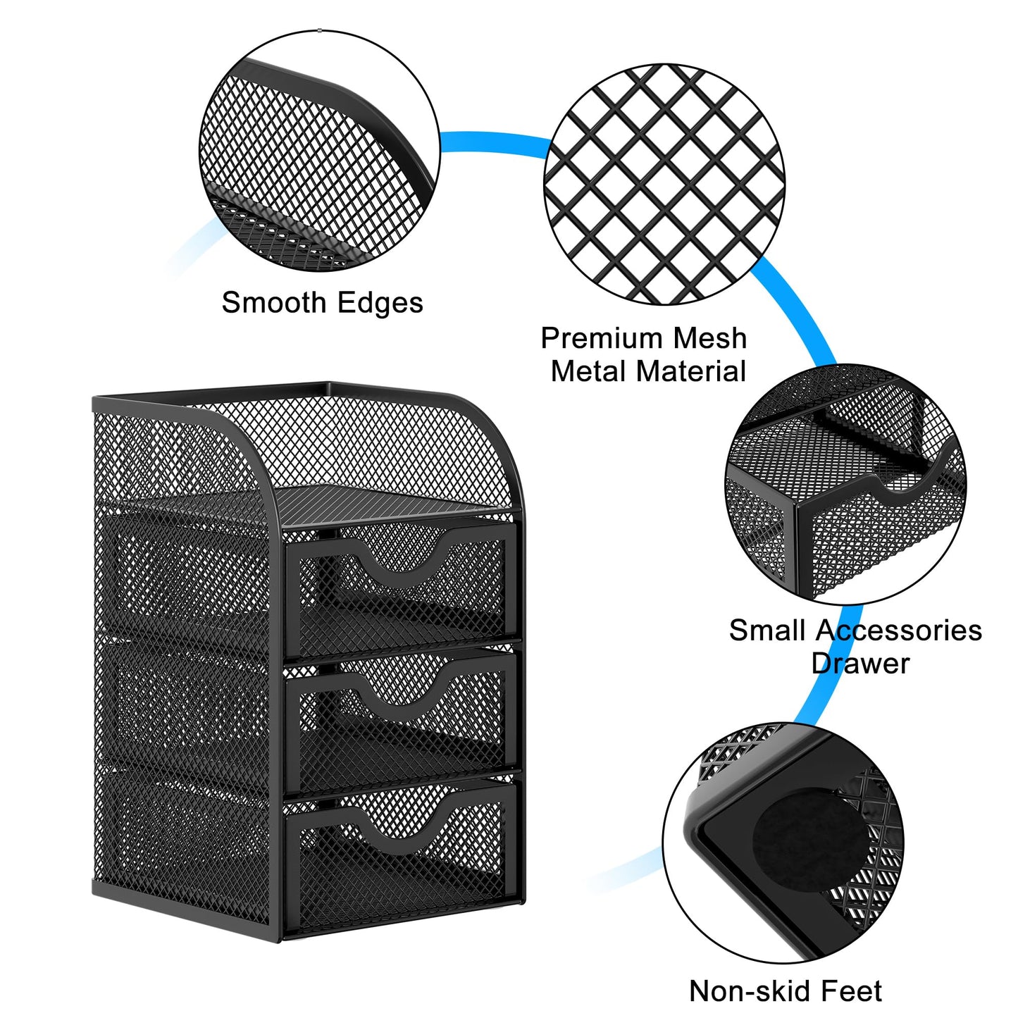 EasyPAG Mesh Desk Organizer with 3 Drawer Office Desktop Organizers and Accessories Stationery Caddy for Office, Home, Students, Black