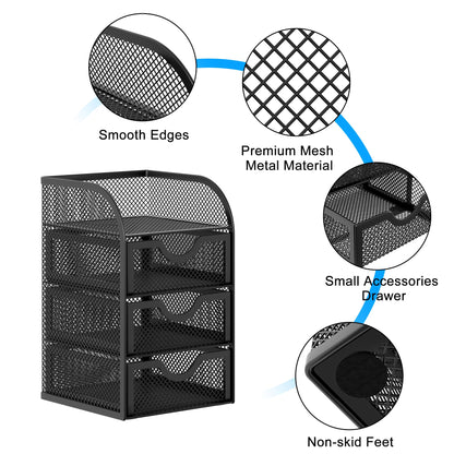 EasyPAG Mesh Desk Organizer with 3 Drawer Office Desktop Organizers and Accessories Stationery Caddy for Office, Home, Students, Black
