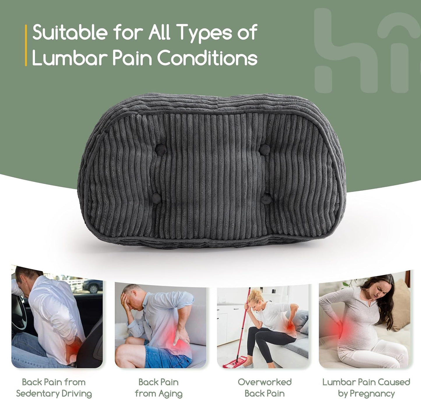 HIGOGOGO Lumbar Support Pillow for Recliner Chair/Accent Chair/Couch/Office Chair, Tufted Corduroy Back Support Cushion