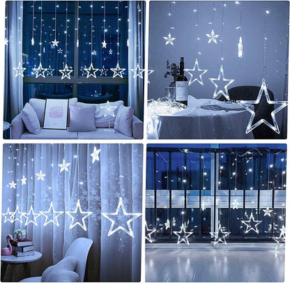 Star Curtain Lights for Bedroom - 9ft Plug-in 138 LED Fairy Twinkle Lights with Remote & 12 Star Drops