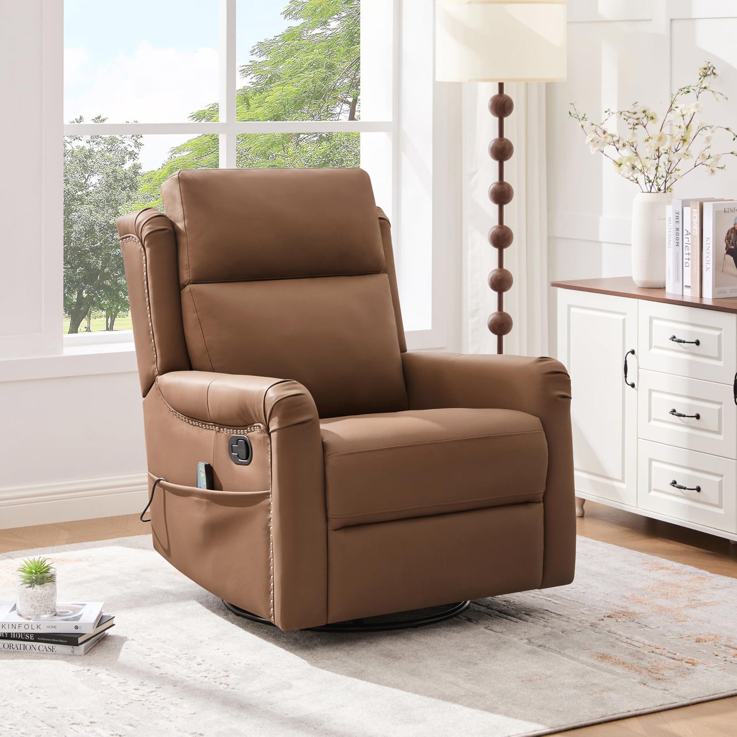 Christopher Knight Home Bailey American Massage Chair Recliner, Manual Swivel Rocker Recliner Chair with Massage and Heat, PU Leather Recliner Chair for Adults, Easy Move Design for Home Office, Brown