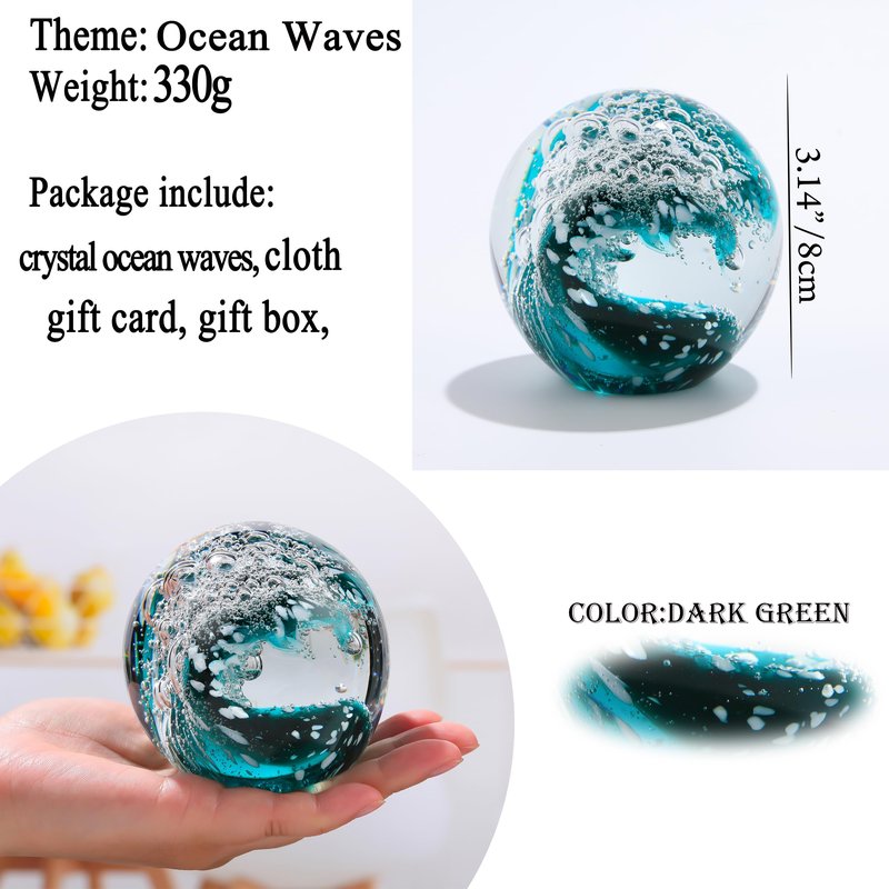 Qianwei Hand Blown Ocean Waves Crystal Ball - Glass Collectible Figurines Spere - Paperweight Glass Ball Aquarium DecorOffice Decor Ocean Lovers