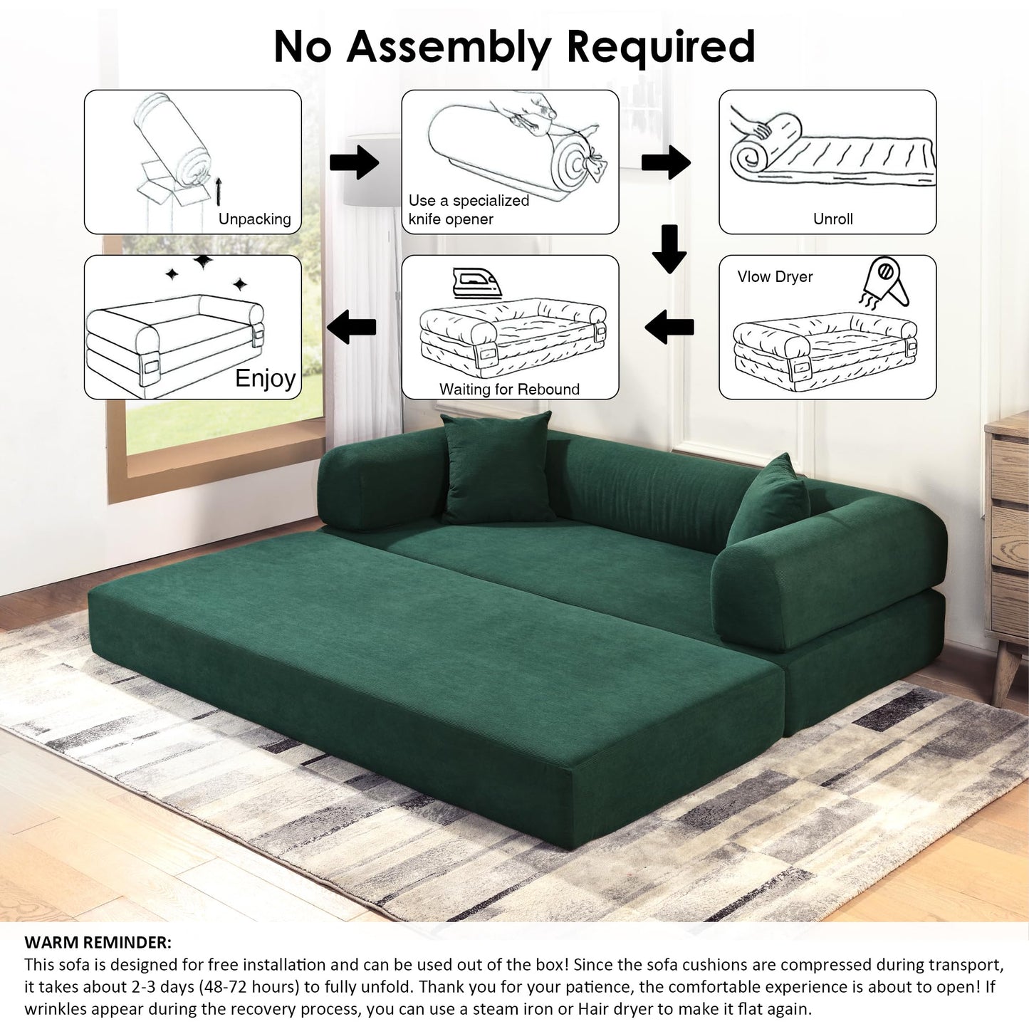 80" Convertible Sofa Bed, 3-in-1 Corduroy Folding Pull Out Couch with Pillows, No Assembly Modern Boneless Couch Compression Sofa in Box, Floor Sofa with Side Storage Pocket for Living Room,Dark Green