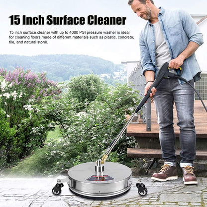 TRELVEX Pressure Washer Surface Cleaner 15'' with Wheels, 4000 PSI Stainless Steel Power Washer Accessory for Driveways Sidewalks Patios Cleaning, 1/4" Quick Connector, 2 ExWand Attachments