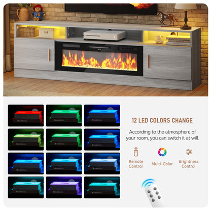 MXV 70" Fireplace TV Stand with Power Outlet for TVs UP to 80", Electric Fireplace Entertainment Center with LED Lights & Storage Cabinets, TV Console for Living Room, Office, Grey-Black