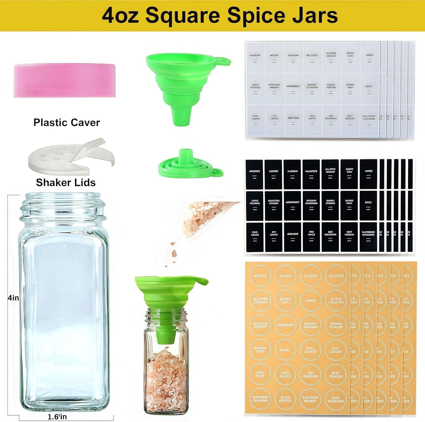 24 Label-4oz Lids,3 Sets 1 2 (24) Glass Spice Jars with Spice Containers with Lids and Shaker of Spice Labels