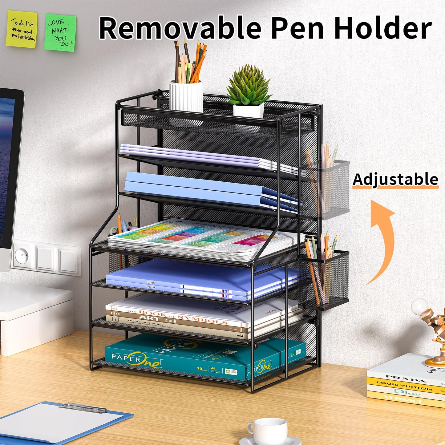 handimp Black 7 Tier Desk File Organizer, Metal Letter Tray Paper Organizer with Pen Holder and Metal Hanging Basket, Vertical Desktop File Holder for Home Office Organization