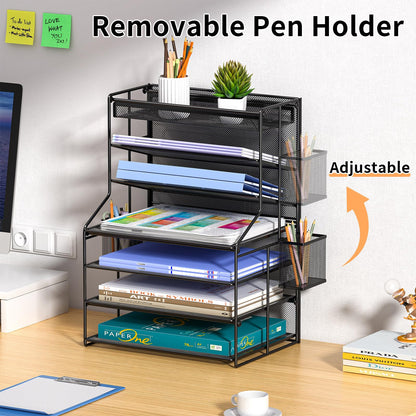 handimp Black 7 Tier Desk File Organizer, Metal Letter Tray Paper Organizer with Pen Holder and Metal Hanging Basket, Vertical Desktop File Holder for Home Office Organization