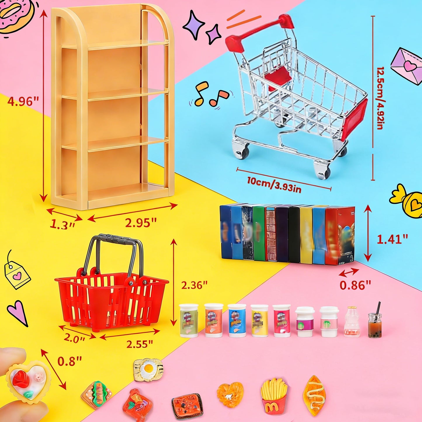 112pcs Miniature Dollhouse Grocery Set Shopping Cart Basket Food Drink Bottle Supermarket Metal Handcart Toys Doll House Store Cosplay Game Dollhouse Grocery Party Trolley Model Dollar Bills