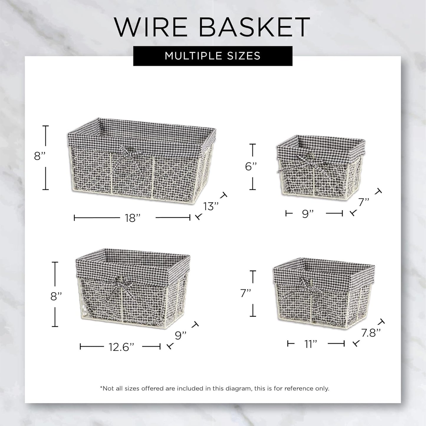 DII Farmhouse Chicken Wire Storage Baskets with Liner – Small, Vintage Black & White Check, 9x7x6", 3 Piece