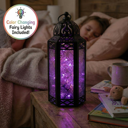 Vela Lanterns Decorative Indoor Moroccan Candle Holder & LED Fairy Lights -Twinkle Turkish Lamp, Fantasy Home Decor Table Centerpieces, Hanging Outdoor Patio Porch Wedding Ramadan (10.5", Multi)