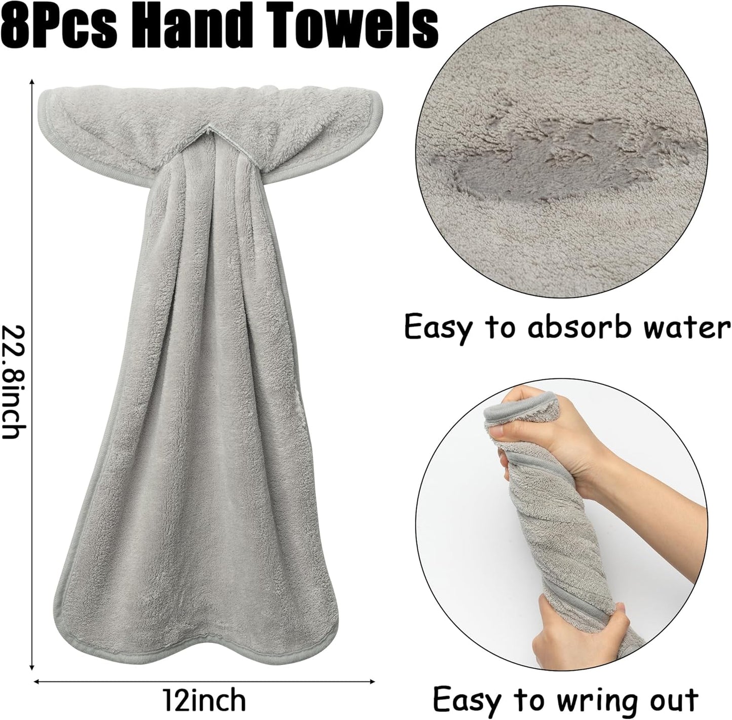 8Pcs R HORSE Hanging Hand Towel with Loop, Grey Absorbent Coral Fleece Bathroom Hand Towel, Soft Thick Dish Cloth