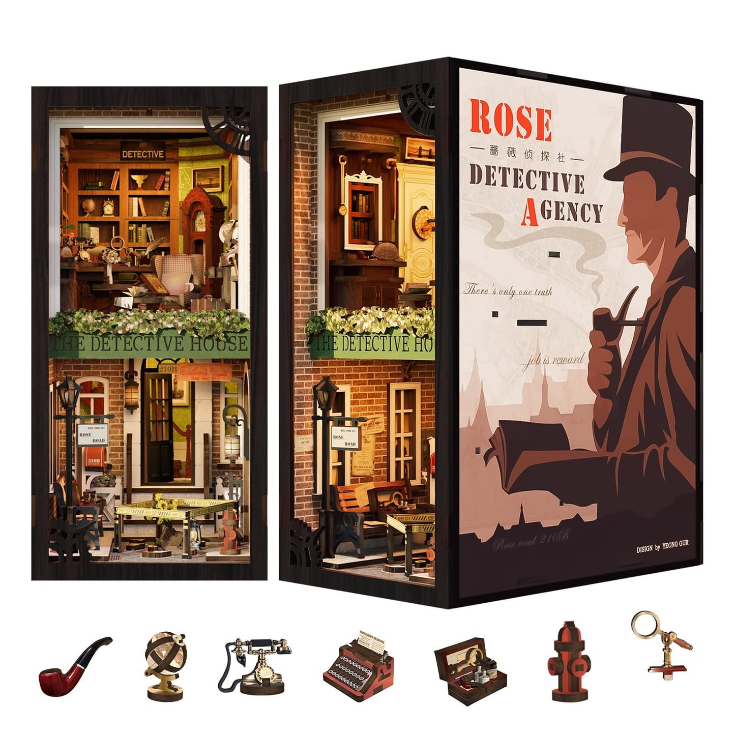 Fsolis Book Nook Kit, 3D Wooden Puzzle for Adult DIY Miniature Kit Decorative Bookend Bookshelf Bookcase Decor Gifts for Women Readers Book Lovers(Rose Detective Agency)