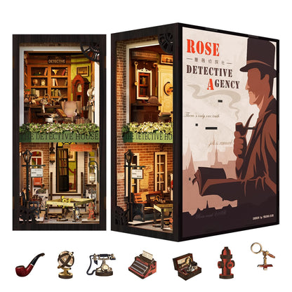 Fsolis Book Nook Kit, 3D Wooden Puzzle for Adult DIY Miniature Kit Decorative Bookend Bookshelf Bookcase Decor Gifts for Women Readers Book Lovers(Rose Detective Agency)