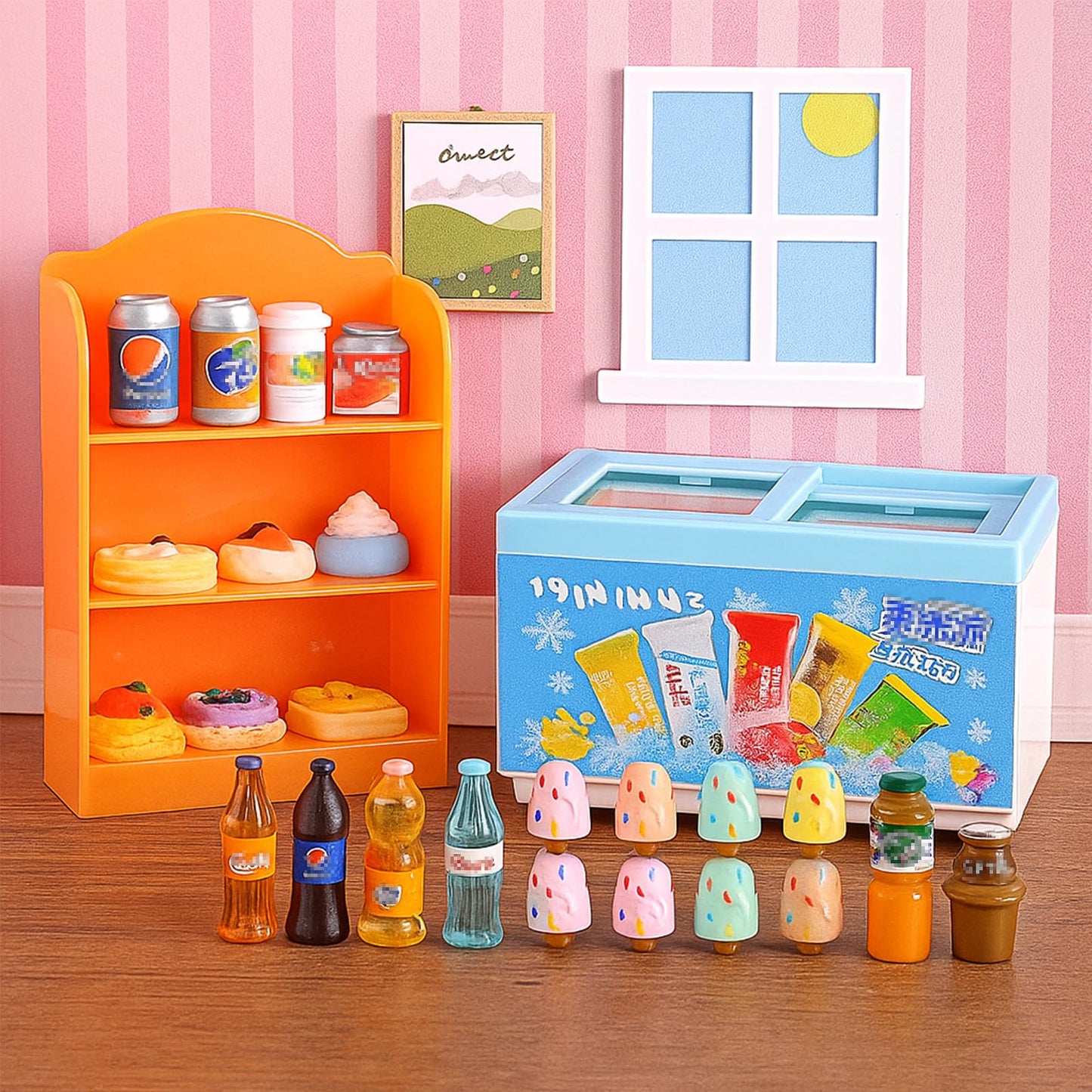 Miniature Food Play Set for Kids - Includes Refrigerator Freezer Ice Cream Drinks & Display Shelves Realistic Toy for Imaginative Play, for Toddlers