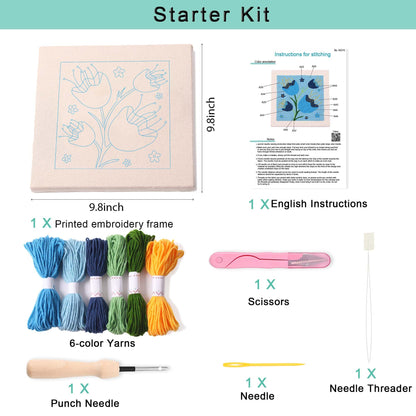 REEWISLY Embroidery Starter Kits for Beginner,Punch Needle Fabric with Pattern,Threader, Yarns,Pinch Needle, Embroidery Hoops & Rug Punch (Blue1)