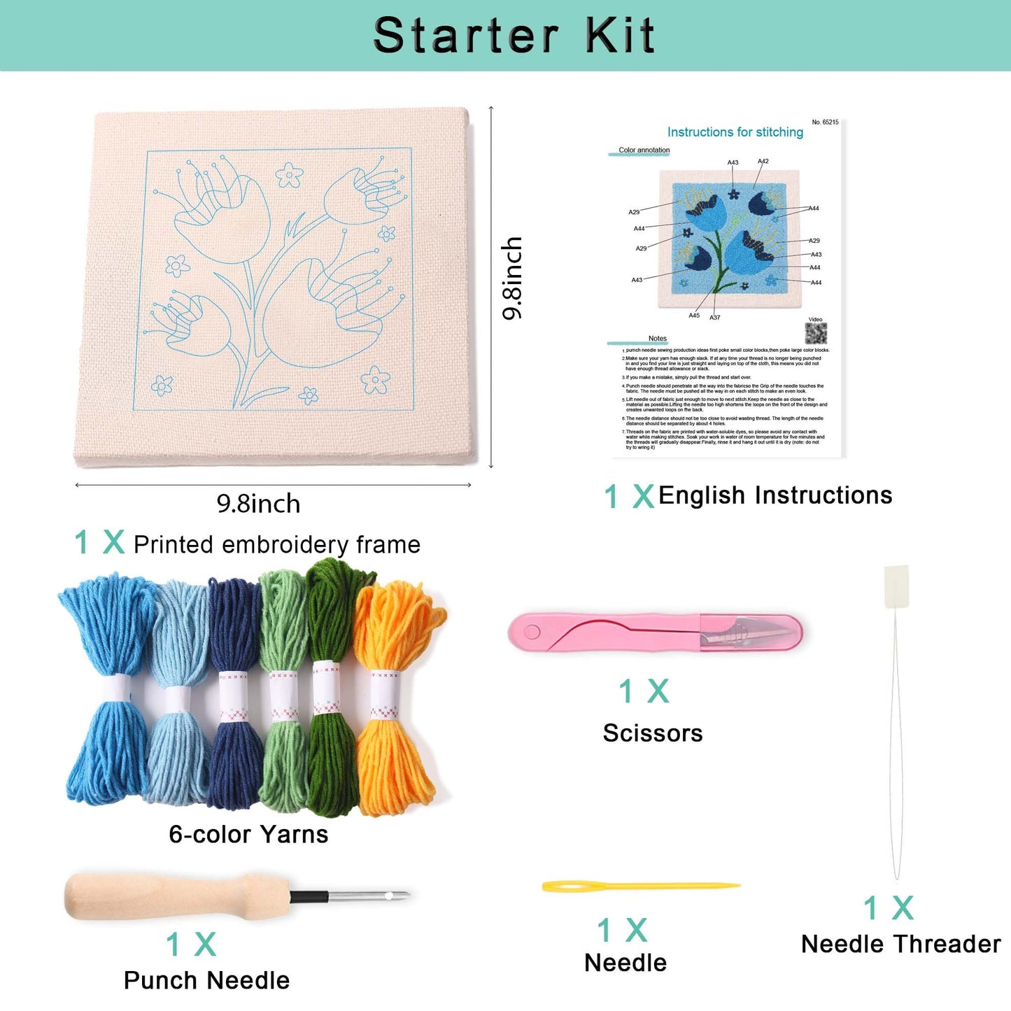 REEWISLY Embroidery Starter Kits for Beginner,Punch Needle Fabric with Pattern,Threader, Yarns,Pinch Needle, Embroidery Hoops & Rug Punch (Blue1)
