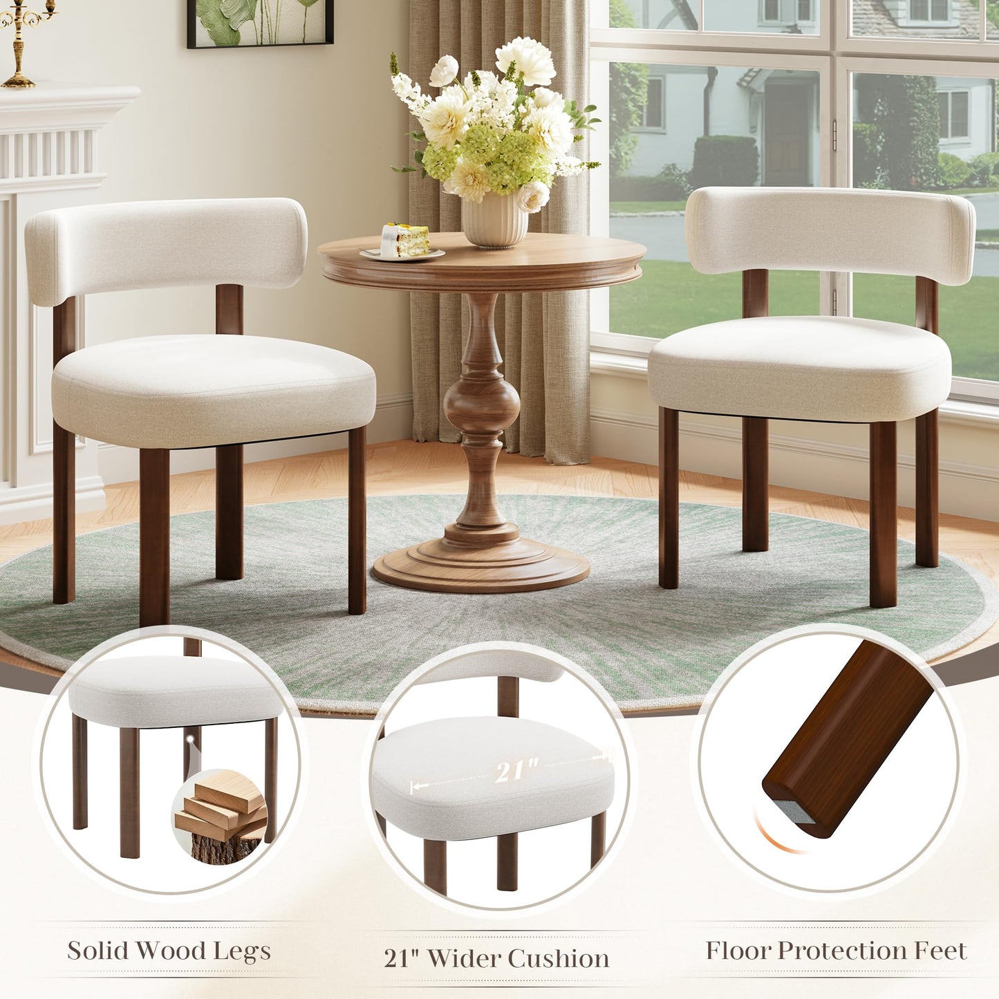 smartue Wooden Dining Chairs Set of 6, Upholstered Kitchen Chairs with Solid Wood Legs, Mid Century Dining Room Chair with Ergonomic Curved Backrest for Kitchen Dining Vanity, Beige