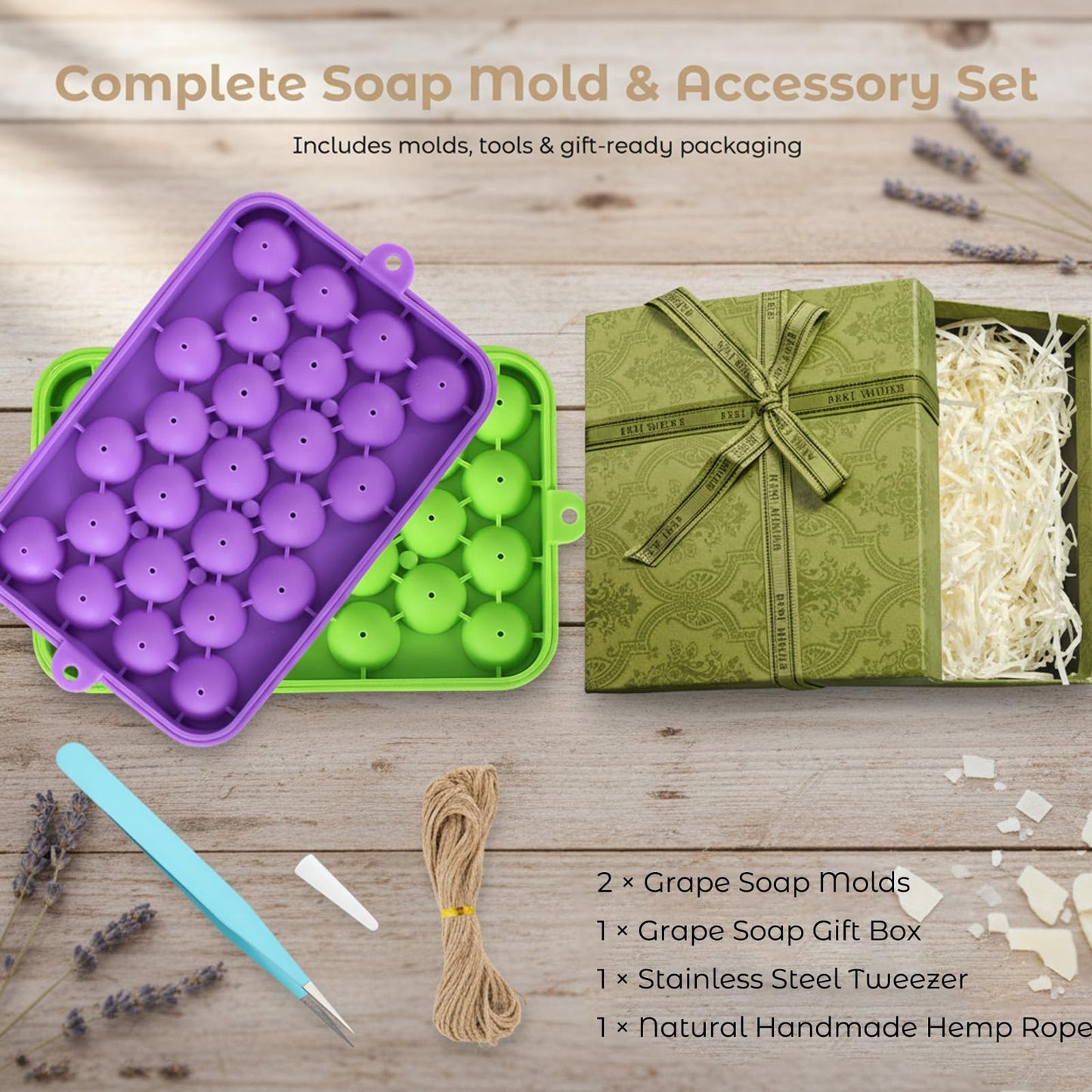 DIY Grape Soap Making Craft Kit for Beginners & Adults, Includes 2 Silicone Molds, 65 FT Jute Twine, 1 Tweezers, 1 Gift Box, Handmade Home Decor Ready for Gifting (Without Soap)