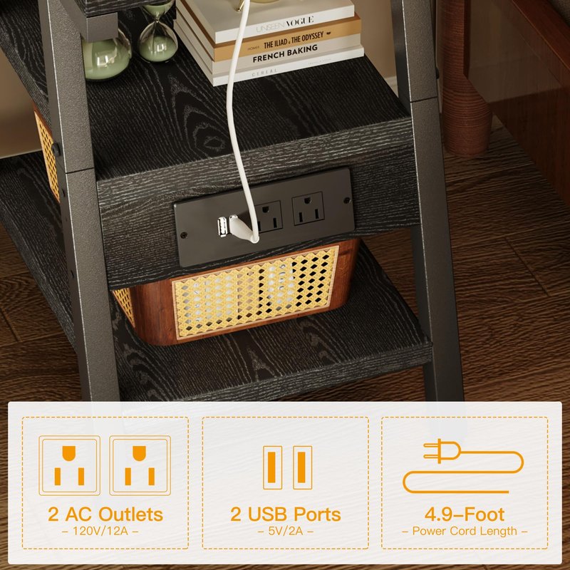 SIde Table with Charging Station, Small End Tables with Lucky 7 Metal Shape, 3-Tier Nightstand with Outlets and USB Ports, Adjustable Leveling Feet, Side Table for Living Room, Bedroom (Rustic Brown)