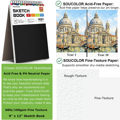 Soucolor 9" x 12" Sketch Book, 100 Sheets Top Spiral Bound Sketchbook with Acid-Free 68lb/100gsm Thick Drawing Paper, Art Sketch Pad for Kids, Adults & Artist, Professional Art Supplies for Beginners