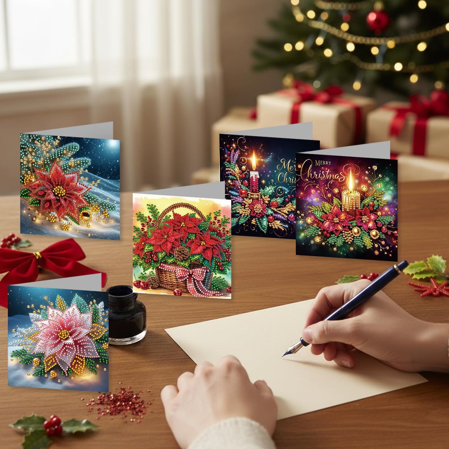C'eitura 12 Pack Poinsettia Diamond Art Greeting Cards with Envelopes - 5D DIY Diamond Painting Card Kit for Christmas, Birthday, Mother's Day - Handmade All Occasion Stationery Gifts for Adults Beginner