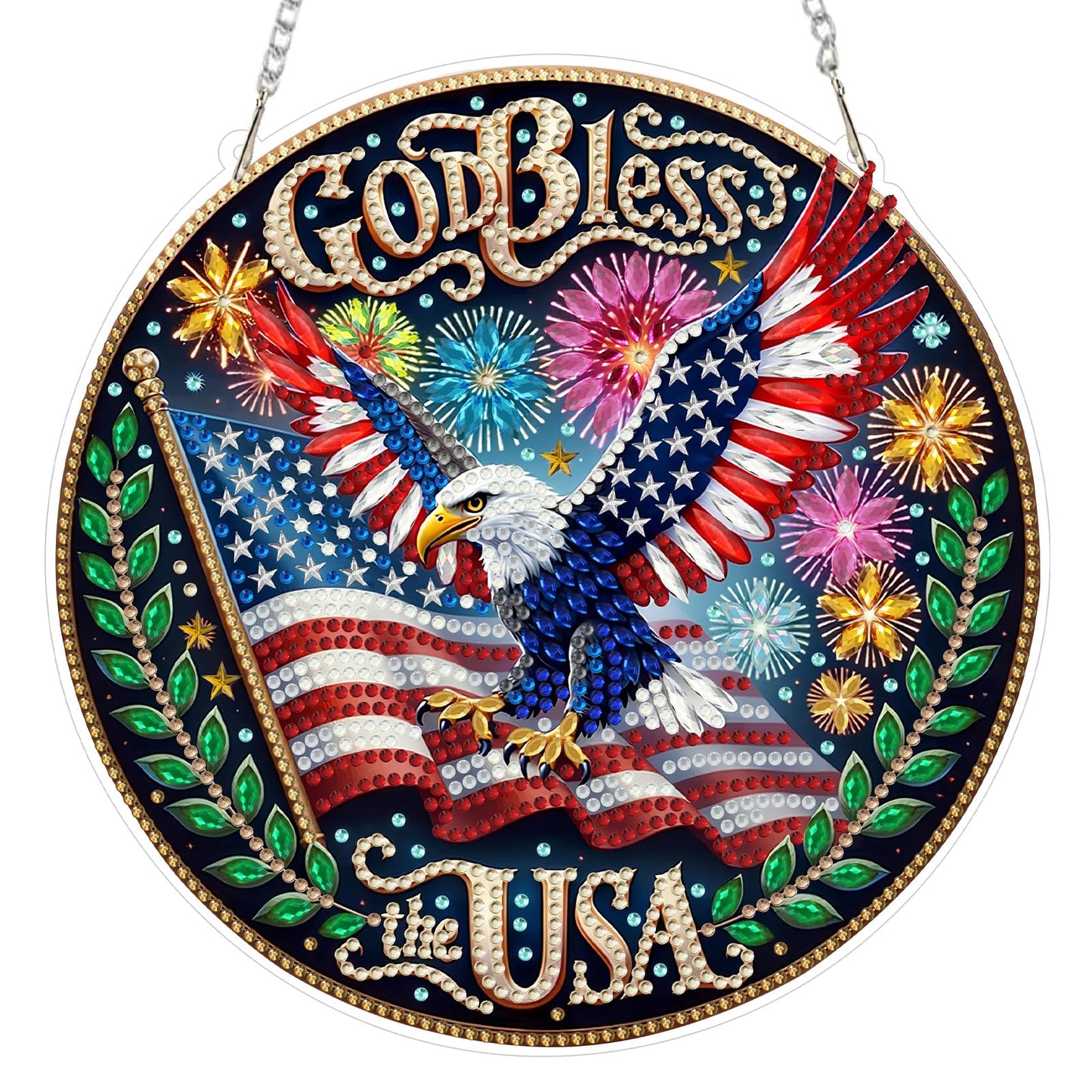 CEOVR Bald Eagle Hanging Diamond Art for Adults, Independence Day Diamond Painting Pendant American Flag DIY Gem Art Wall Ornament, Acrylic Home Garden Decor with Chain, Box Kit 7.79×7.77inch