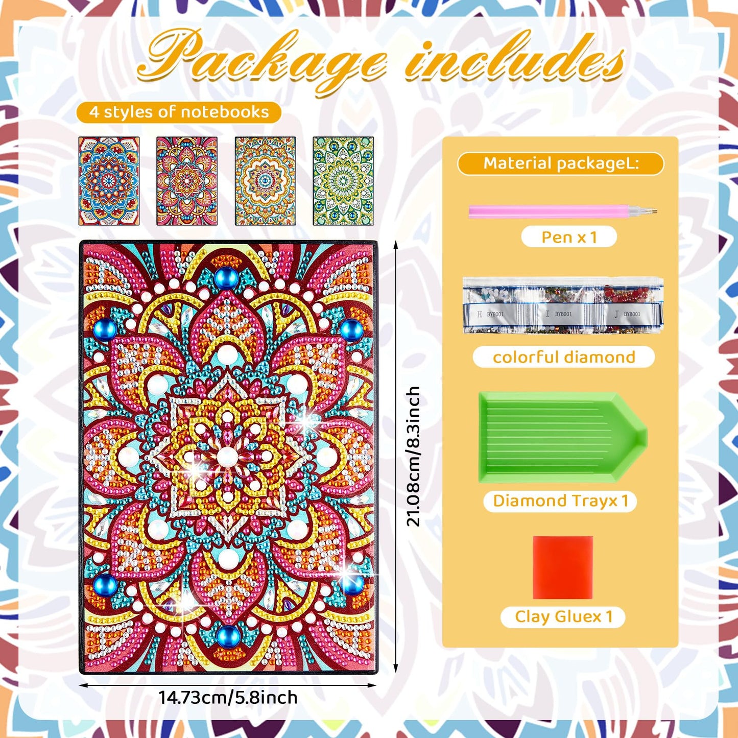 Fulmoon 4 Pcs A5 Diamond Painting Notebook Kits with Tools 5.8 x 8.3 Inch DIY 5d Art Cover Crystal Sketchbook Notepad for Teenagers' Birthdays, Graduation Crafts Gift Drawing Painting(Mandala Style)