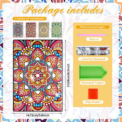 Fulmoon 4 Pcs A5 Diamond Painting Notebook Kits with Tools 5.8 x 8.3 Inch DIY 5d Art Cover Crystal Sketchbook Notepad for Teenagers' Birthdays, Graduation Crafts Gift Drawing Painting(Mandala Style)