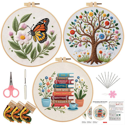 FEIYUENO Beginner Embroidery Kit for Adults, 3-Pack Easy Needlepoint Starter Kits with Pre-Stamped Book Embroidery Patterns, 7.8" Hoop, Floss & Needles, Step-by-Step Guide (Book Tree)