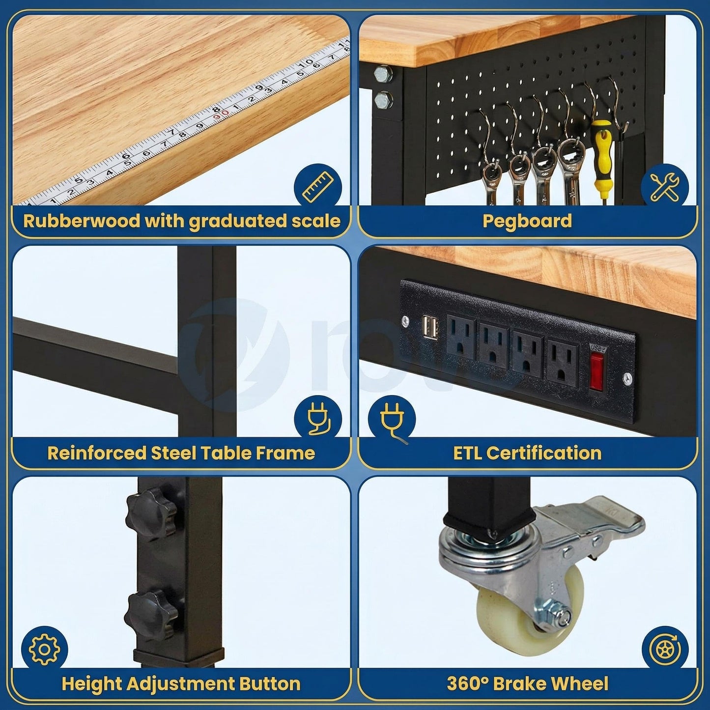 70-Inch Height Adjustable Workbench with Power Outlets, Solid Rubber Wood Top Heavy Duty Garage Tool Table, Workstation with Pegboard, Hooks and Ruler