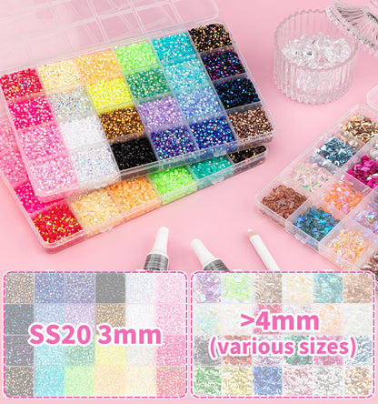 48 Colors Resin Jelly Rhinestones Kit,3mm Resin Jelly Rhinestones and Multi Shape Size Crystal Diamond Art with B7000 Jewelry Glue for Crafting Nail Art DIY Arts Crafts Gifts(25200pcs)