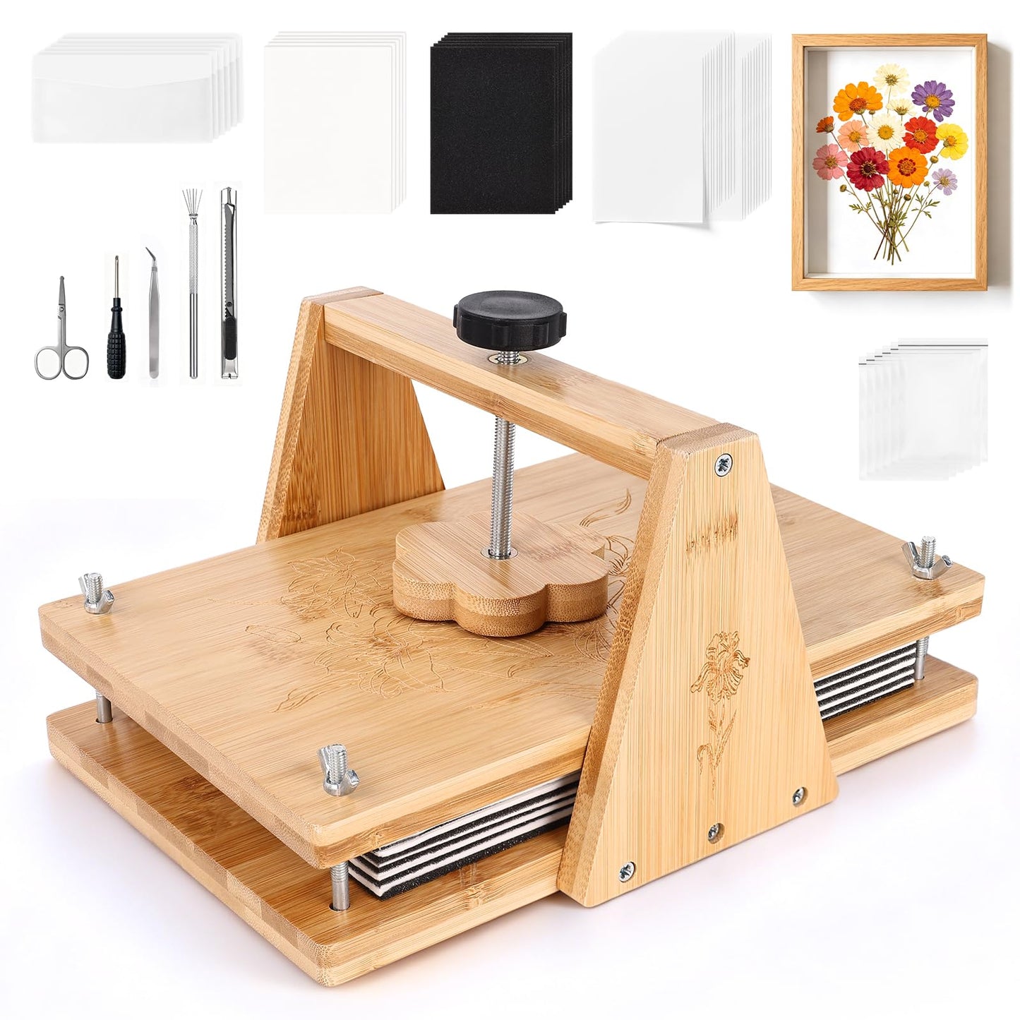 Bemoauty Flower Pressing Kit for Adults and Teens, 6 Layers Wood Flower Press 11.8" x 8", Flower Preservation Kits with 6 Sponge Sheet, Drying Plates and 24 Lining Papers, DIY Art & Crafts Gift