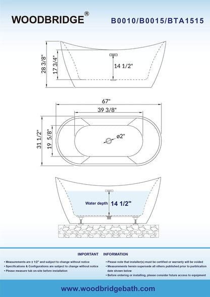 WOODBRIDGE 67" Acrylic Freestanding Bathtub Contemporary Soaking White Tub with Brushed Gold Overflow and Drain，BTA1515-BG-Drain&O
