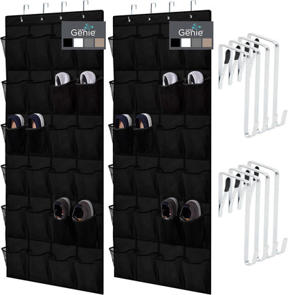 HOME GENIE Over the Door Hanging Shoe Organizer, 2 Pack - 24 Breathable Mesh Pockets, Black Closet Rack Storage