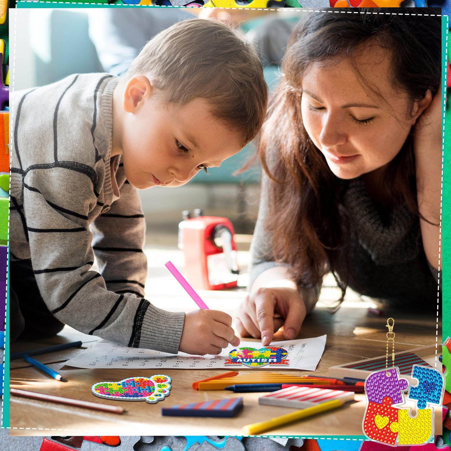 Landical 20 Pcs Autism Awareness Diamond Painting Keychain Autism Puzzle Diamond Art Keychain Kits DIY Keychain Aba Therapist Appreciation Gifts Keyring for Autism Gift Special Education Teacher Gift