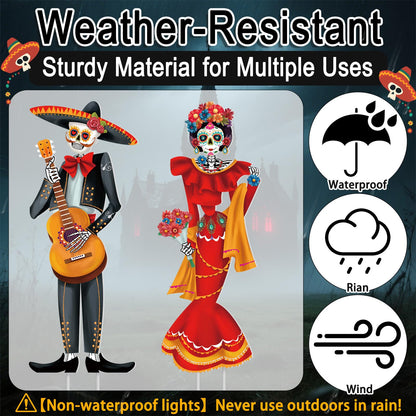 Tioncy 6 Pcs Day of the Dead Yard Decorations Outdoor Dia De Los Muertos Outside Yard Signs with Stakes String Lights Halloween Sugar Skull Couple Skeleton Decor for Mexican Fiesta Party Lawn Garden
